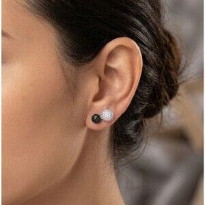 925 Sterling Silver Black & Clear Pavé CZ Double Orb Lobe Crawler Stud Earrings